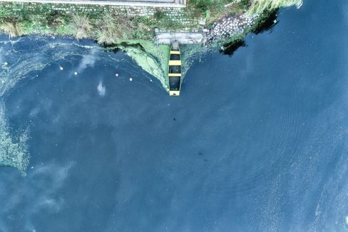 Prises de vues d'une barque de couleur jaune qui est amarrée dans le port de Nort sur Erdre. La couleur tranche avec quelques lentilles vertes d'eau douce et le ciel bleu qui se reflète dans l'Erdre