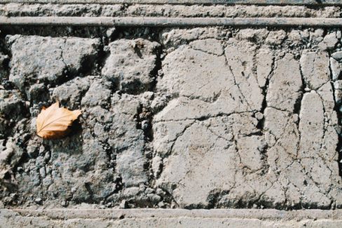Voici une photographie plus poétique. Une feuille morte repose sur un sol de béton abîmé. La nature est morte, le béton aussi.