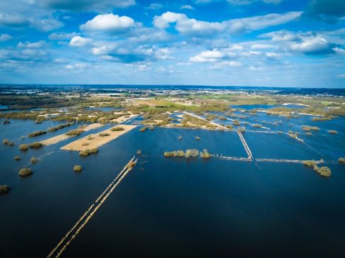 Photographie aérienne du Marais de Goulaine en sortie d'hiver. Il devient durant cette période une véritable réserve ornitologique.