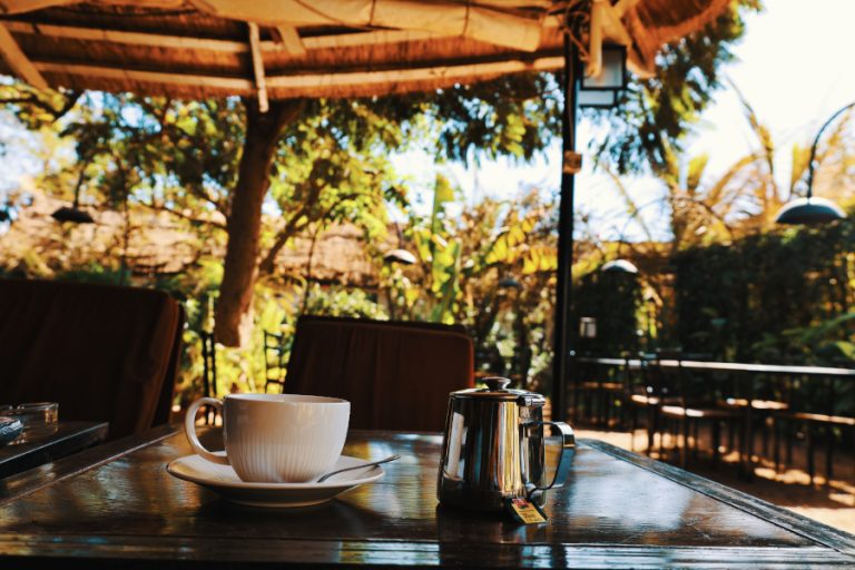 Une tasse de thé dans une soucoupe attend d'être dégustée. A l'ombre d'une tonnelle faite de bois et de feuilles de palmier, la théière se protège du soleil. Le décor est tropical.