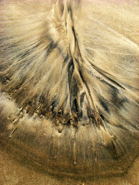 Sur une plage très ancienne, jonchée de coquillages et de pierres, une raie semble s'être dessinée. La couleur du sable provient de ces roches millénaires que l'on trouve partout sur la plage de Bournemouth en Angleterre.