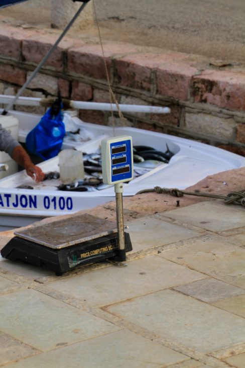 une balance est posée sur le quai. C'est un pêcheur qui vient de la déposer juste à l'arrière de son embarcation. Il désire vendre le produit de sa pêche matinale. Tranquillement assis à l'arrière de son bateau, il écaille les poissons destinés à être vendus.