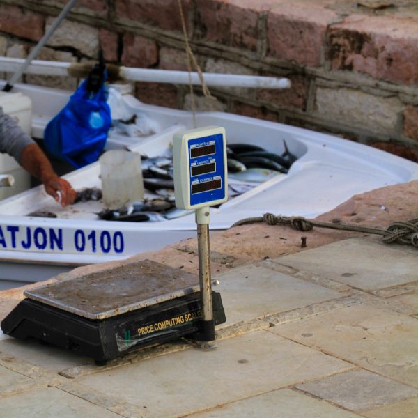 une balance est posée sur le quai. C'est un pêcheur qui vient de la déposer juste à l'arrière de son embarcation. Il désire vendre le produit de sa pêche matinale. Tranquillement assis à l'arrière de son bateau, il écaille les poissons destinés à être vendus.