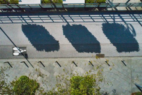 photographie par drone à Angers de la place botanica. A proximité des arrêts de tramway, à l'ombre des arbres, la route se partage entre cyclistes et voitures sur un béton matricé