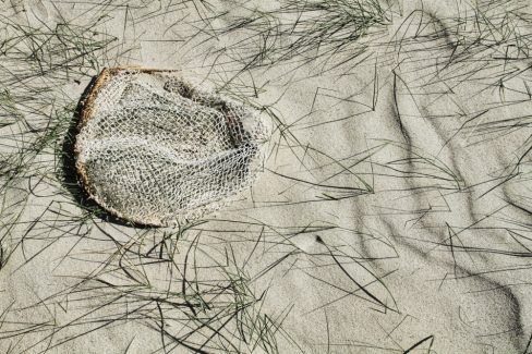 une épuisette en décomposition est enfouie sous le sable de la baie de Quiberon. Combien de temps pour que ce déchet disparaisse ? Des dizaines d'années.