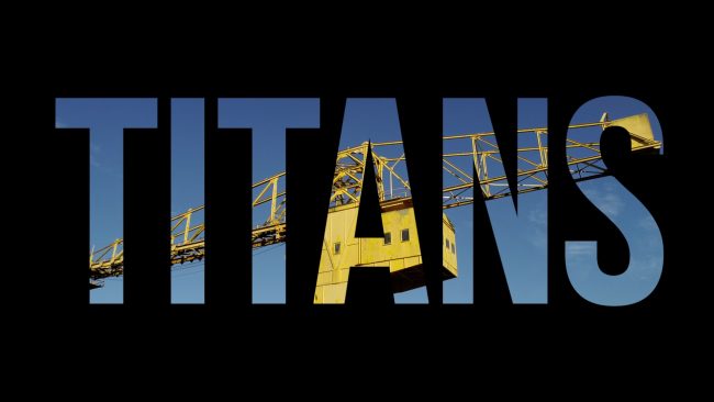 Grue Jaune-Titre Titan Image d'introduction du court-métrage intitulé Titans et réalisé par Olao et sur le thème des grues Titan de Nantes