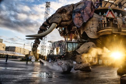 Le soleil se faufile sous l'éléphant des machines