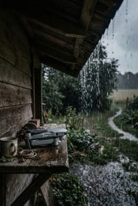 Un drone attend à l'abri que cesse la pluie