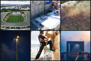 Six photos OLAO : tifo du FC Nantes à la Beaujoire, chantier de l'Hermine à Vannes, foule de la Nuit de l'Erdre, éclairage de nuit à Plœmeur, mur en paille à Petit-Mars, passerelle de Sablé-sur-Sarthe