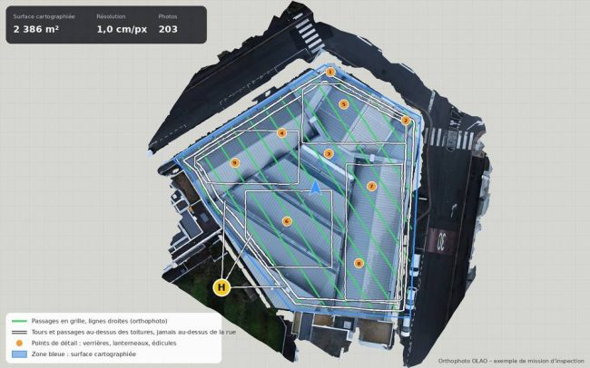 Inspection de toiture par drone : orthophoto d'une toiture et points de détail repérés