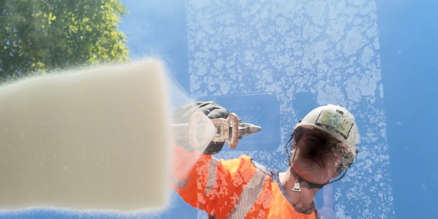 Peintre routier de Miditraçage-Esvia filmé par en dessous, à travers une plaque de plexiglas posée sur l'appareil, pendant la pulvérisation de peinture, plan du film lauréat du concours vidéo du SER