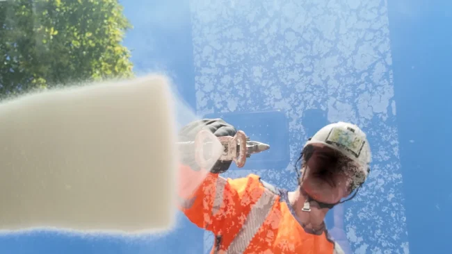 Peinture routière filmée sous vitre, film lauréat du concours vidéo du SER Peintre routier de Miditraçage-Esvia filmé par en dessous, à travers une plaque de plexiglas posée sur l'appareil, pendant la pulvérisation de peinture, plan du film lauréat du concours vidéo du SER