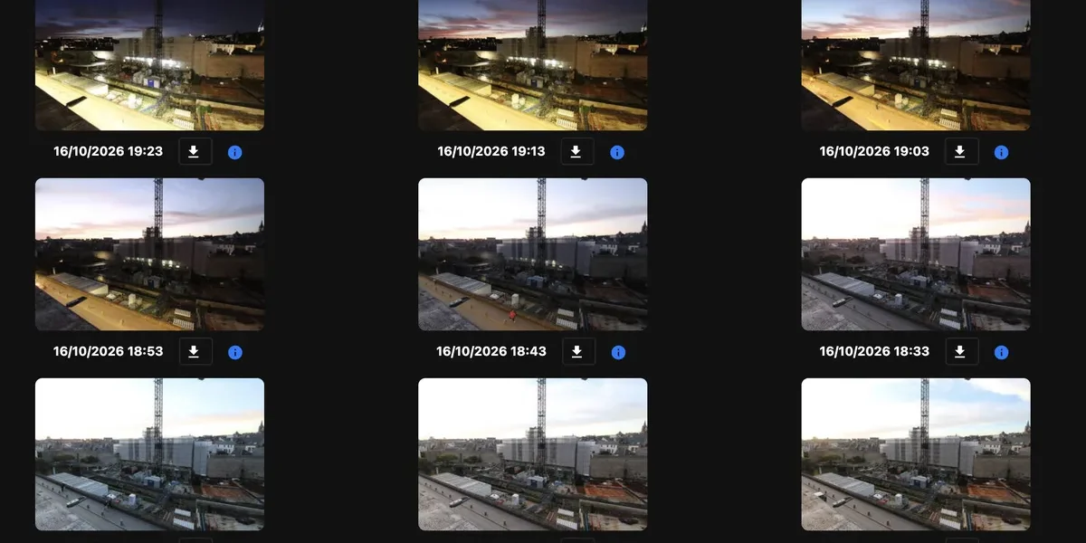 Timelapse de chantier : planche de photos prises toutes les 10 minutes au coucher du soleil, chantier du château de l'Hermine à Vannes