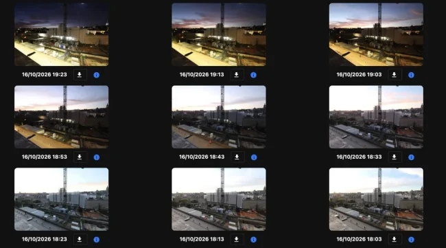 Timelapse de chantier : planche de photos prises toutes les 10 minutes au coucher du soleil, chantier du château de l'Hermine à Vannes
